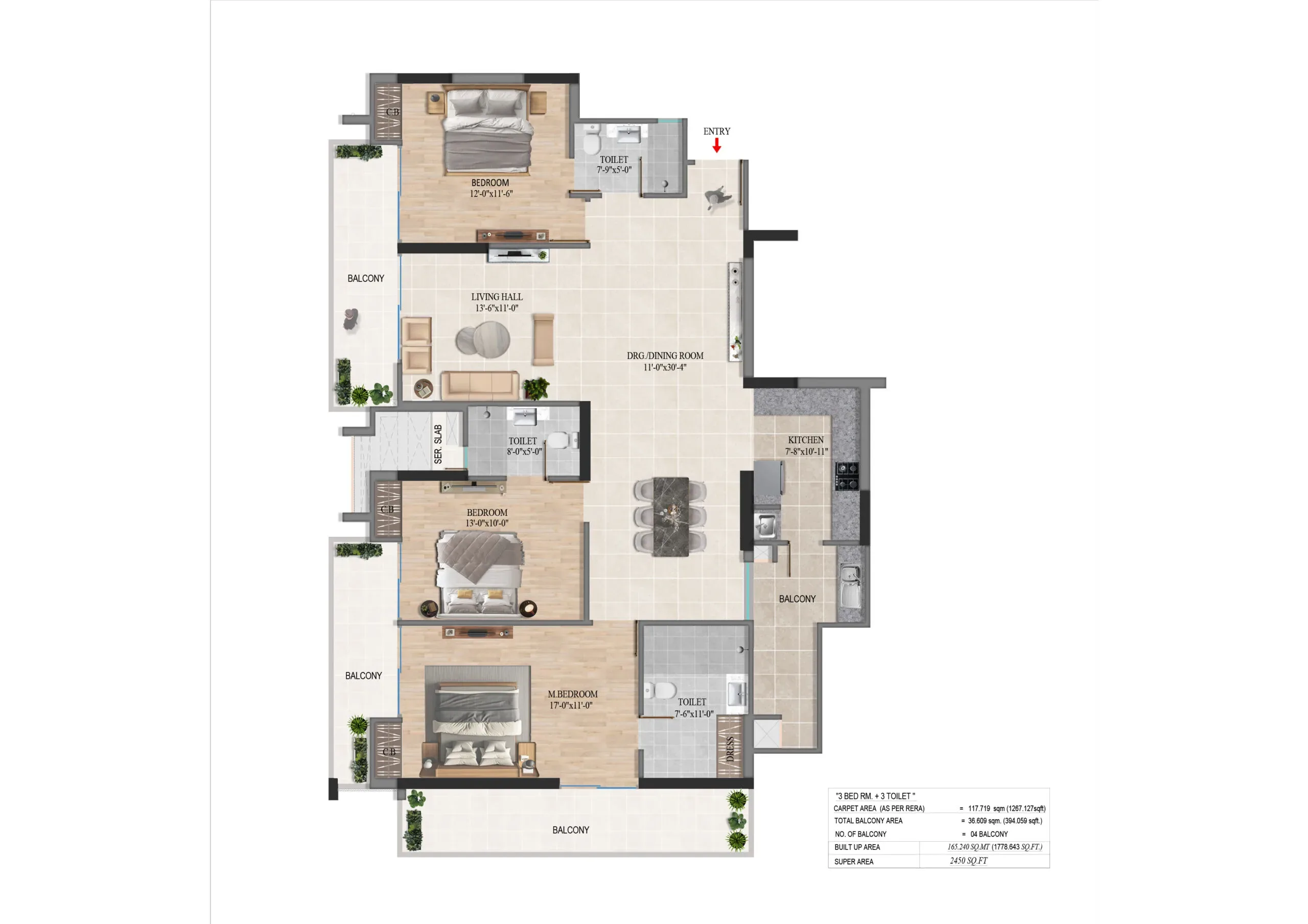3BHK Type A Floorplan
