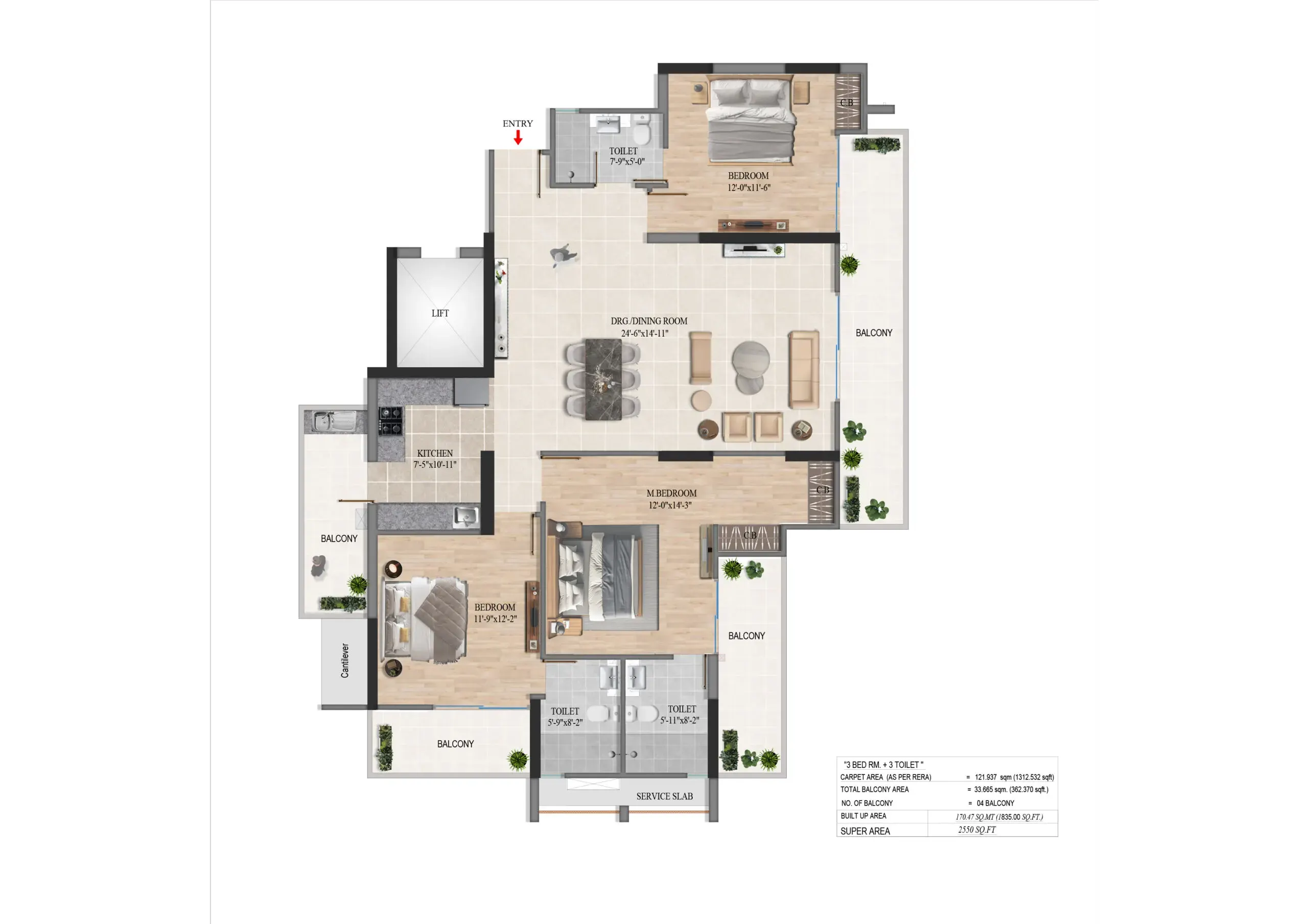 3BHK Type B Floorplan